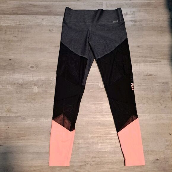 PINK Victoria Secret Bonded Leggings Black Medium Mesh Detail Peach 170/72A - Picture 1 of 12